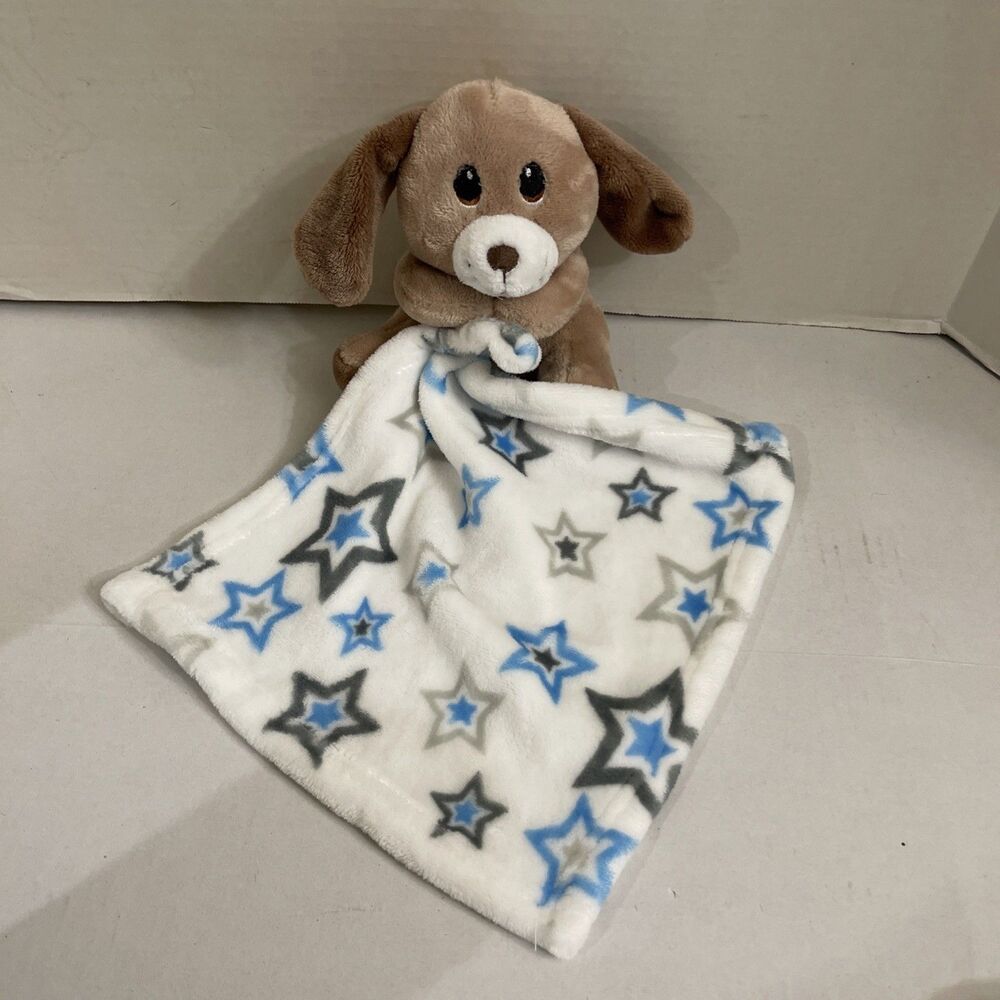 Little Beginnings Puppy Dog Plush Lovey Stars Baby Security Blanket Brown Blue